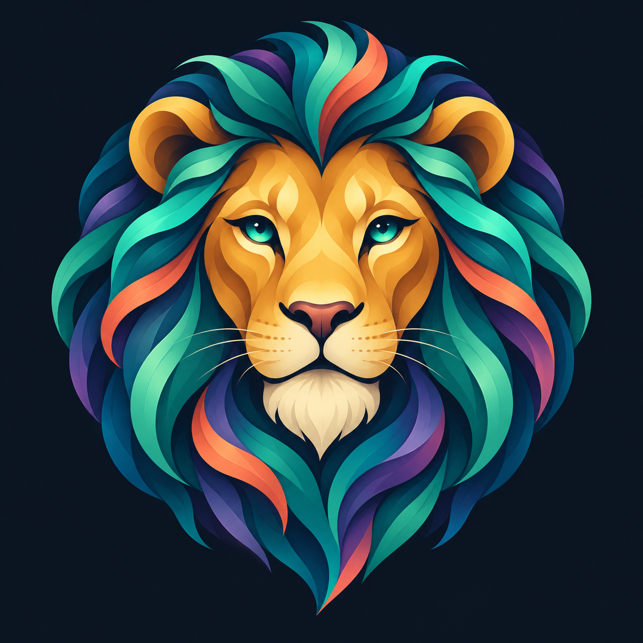 Kaliona’s illustrated lion avatar with a teal, purple and gold mane